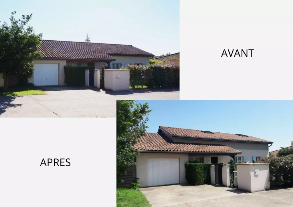 Maison à Corbas avant et après réhausse de toiture